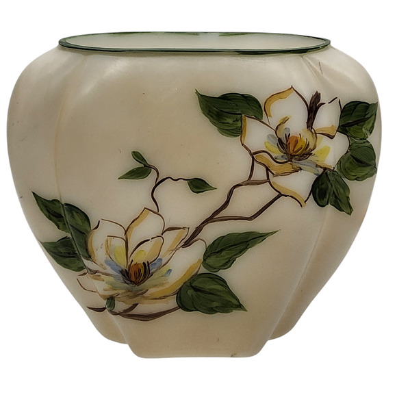Consolidated Glass Milk Glass Con Cora Vase Magnolia Floral Decorated - Picture 1 of 7